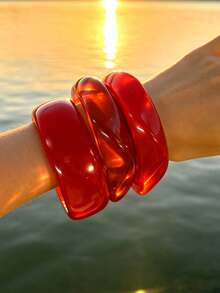 3pcs/Set Fashionable Minimalist Elegant Exquisite Vintage Design Red Resin Asymmetrical Marbled Pattern Geometric Ribbon Wave Chunky Oversized Bangles Set, Holiday Vacation Party Date Gift, Daily Commute Wear, Personalized - Multicolor - View 5