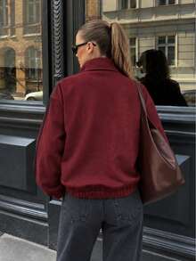 Women's Burgundy Suede Short Jacket, Side Stripe With Cheongsam Button And Zipper Design, Versatile Long Sleeve Coat For Autumn/Winter - Burgundy - View 6