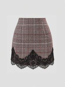 EARO Women's Vintage Plaid Mini Skirt, Exquisite Lace Trim Patchwork, Fashionable Retro Versatile, Elegant Elegant - Black and Brown - View 3