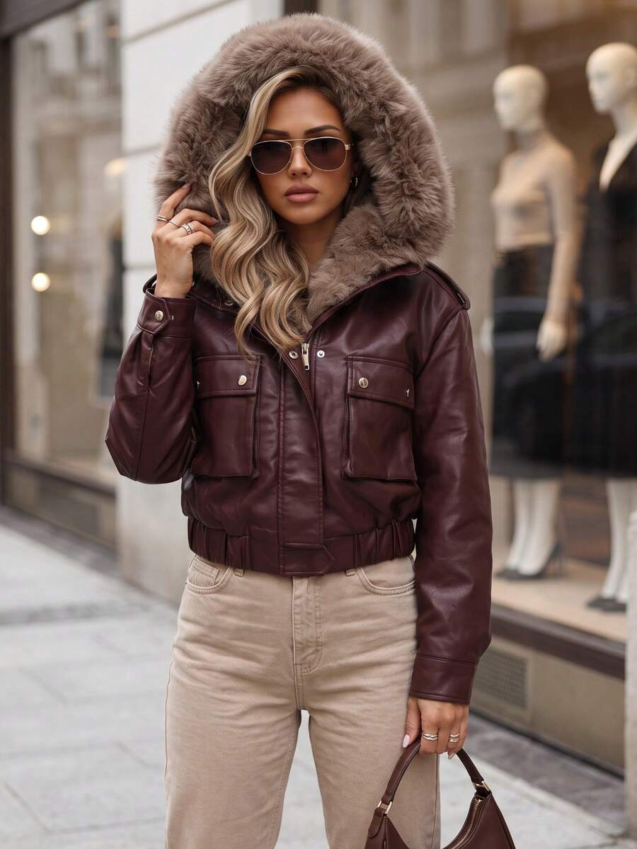 Women's Short Artificial Leather Jacket With Artificial Fur Hood, Zip Closure, Side Pockets - Burgundy - View 1