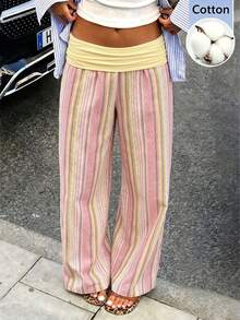 Minimalist Casual Y2K Cotton Colorful Striped Fold-Over Waist Loose Fit Daily Commute Date Vacation Multi-Occasion Women's Long Pants - Multicolor - View 1