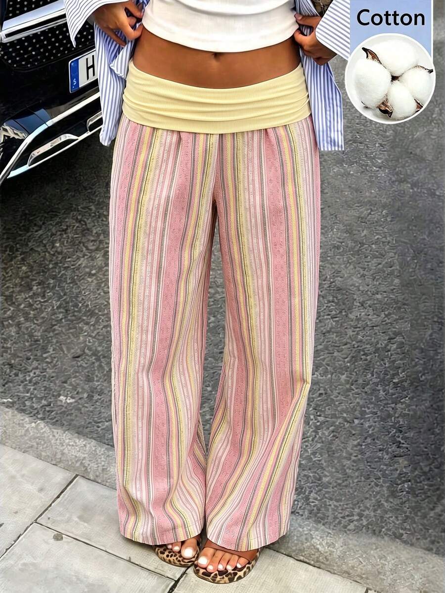 Minimalist Casual Y2K Cotton Colorful Striped Fold-Over Waist Loose Fit Daily Commute Date Vacation Multi-Occasion Women's Long Pants - Multicolor - View 1