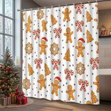 1/4 Piece Bathroom Curtain Set, Includes Non-Slip Rug, Toilet Lid Cover And Bath Mat, Christmas Gingerbread Man Candy Cane Snowflake Pattern Waterproof Shower Curtain, With 12 Hooks, Suitable For Bathroom, Size 70.8*70.8 Inches - A - View 22