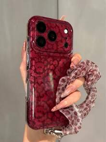 Personalized Fashion Burgundy Leopard Print Phone Case Compatible With Apple 18 Pro Max, 17 Pro, New 16 Pro, 15 Pro, Lace Wrist Strap, Unique Anti-Drop Protective Cover - Red - View 6