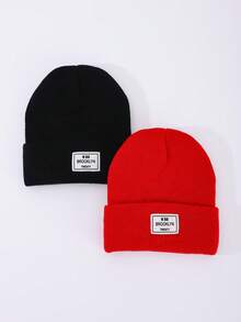 2pcs Women's Fashion Solid Color Versatile Fabric Label Beanie Knit Hat Warm Beanie Cap Suitable For Autumn/Winter Daily Wear And Travel - A - View 11