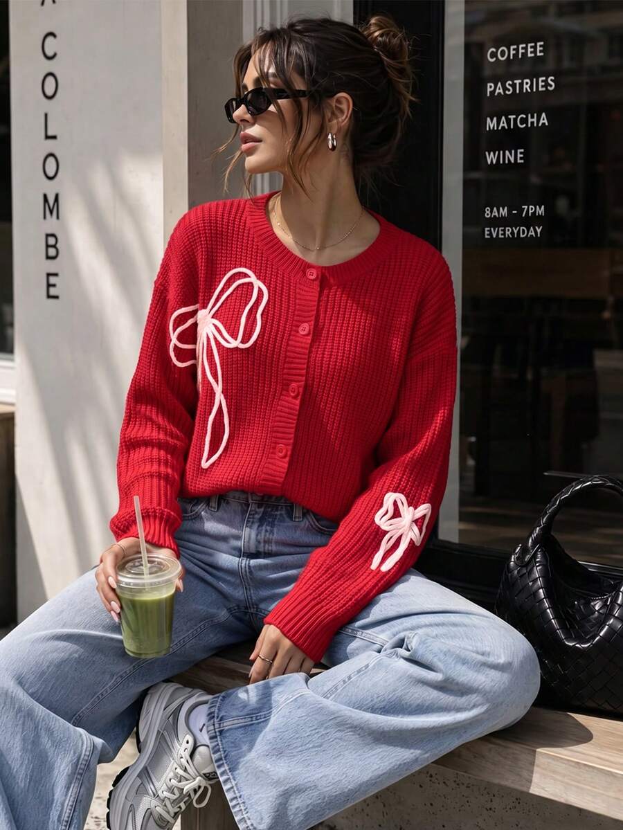 Women's Autumn Casual Red Button Knit Cardigan White Bow Embroidery Long Sleeve Loose Fit Holiday Jacket - Red - View 1