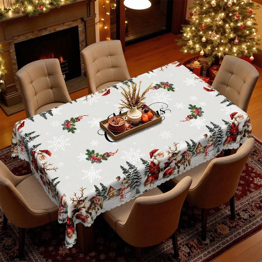 1pc Christmas Tablecloth - Snowflake Pattern Santa Claus Reindeer Snowman Cabin Print American Vintage Design Dining Tablecloth - Durable Polyester Fabric - Suitable For Rectangular, Round, Dining Tables - Party, Home, Restaurant Winter Decor - Easy To Clean Holiday Decoration - Multicolor - View 1