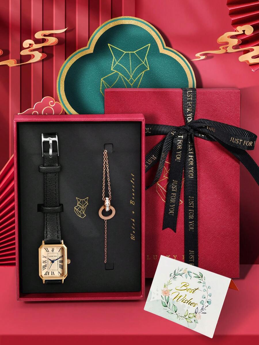 LUCKYFOX 復古正方形 PU 皮革石英女錶 極簡溫柔款 配對手鍊禮盒組 日常送禮手錶 - 黑色 - 查看 1