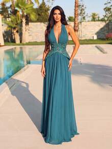 Romantic Women's Chiffon Sleeveless Halter Neck Maxi Dress, Decorated With Embellished Bodice And Flared Hem, Suitable For Photography, Dinner, Portrait, Events - Green - View 5