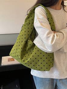 新款時尚波點印花大容量單肩包，燈芯絨托特包，女款休閒腋下包，附拉鍊 - 綠色 - 查看 5