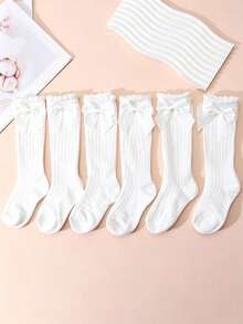 6雙女孩蝴蝶結純色高筒襪，校園風長襪 - 白色 - 查看 3