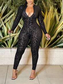 Women's Leopard Print Flocked Deep V-Neck Long Sleeve Jumpsuit, High Elasticity Long Leopard Print Bodycon Jumpsuit, Suitable For Nightlife - Black - View 3