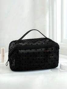 1pc Minimalist Flocked Heart-Shaped Mesh Handbag, Transparent Large Capacity Storage, Suitable For Short Trips And Bedroom Organization, Can Be Used As A Gift For Friends - Black - View 4