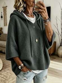 Women's Fashion Ribbed Comfortable Hoodie Sweater - Dark Grey - View 1