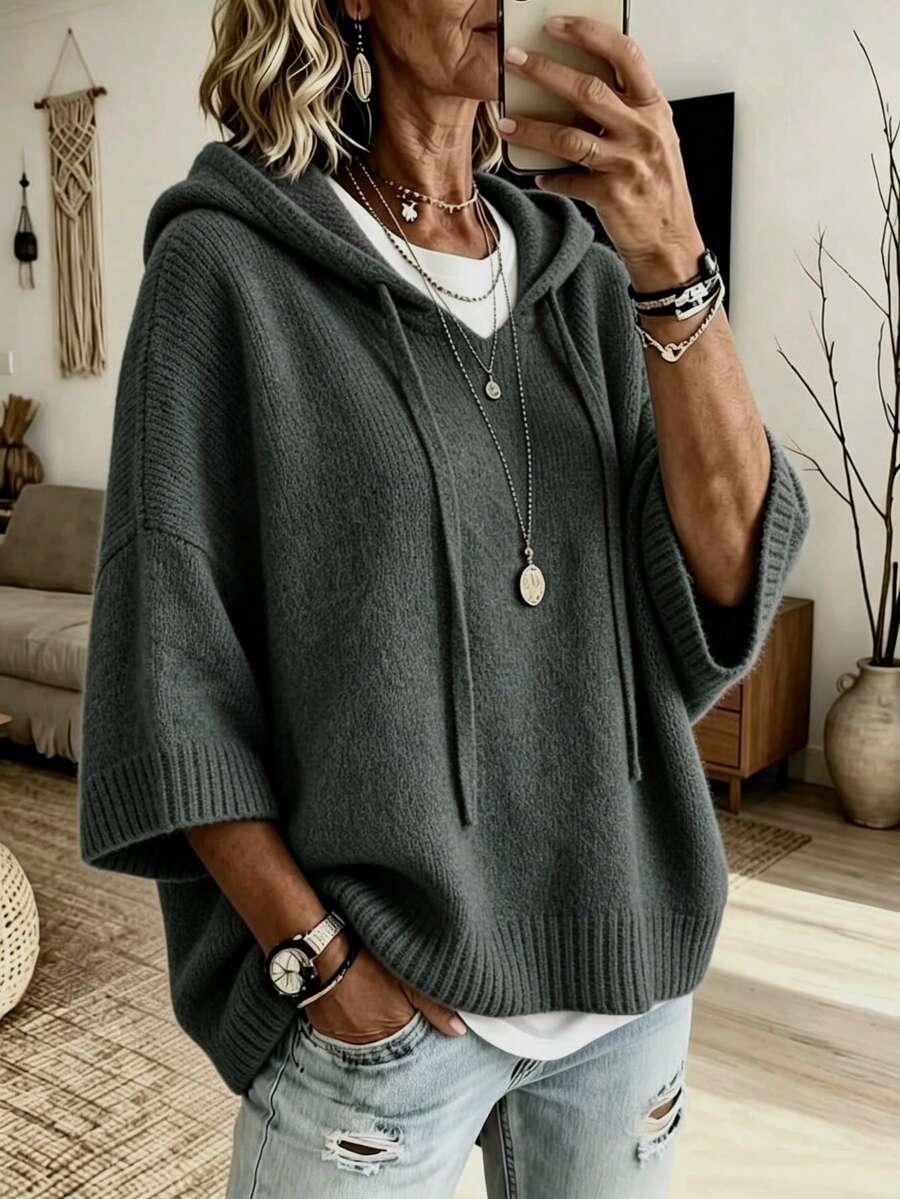 Women's Fashion Ribbed Comfortable Hoodie Sweater - Dark Grey - View 1