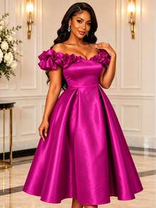 AOMEI Women's Princess Style Creamy Magenta Pleated Cold Shoulder 3D Ruffle A-Line Dress, Suitable For Birthday Parties And Proms - Hot Pink - View 6