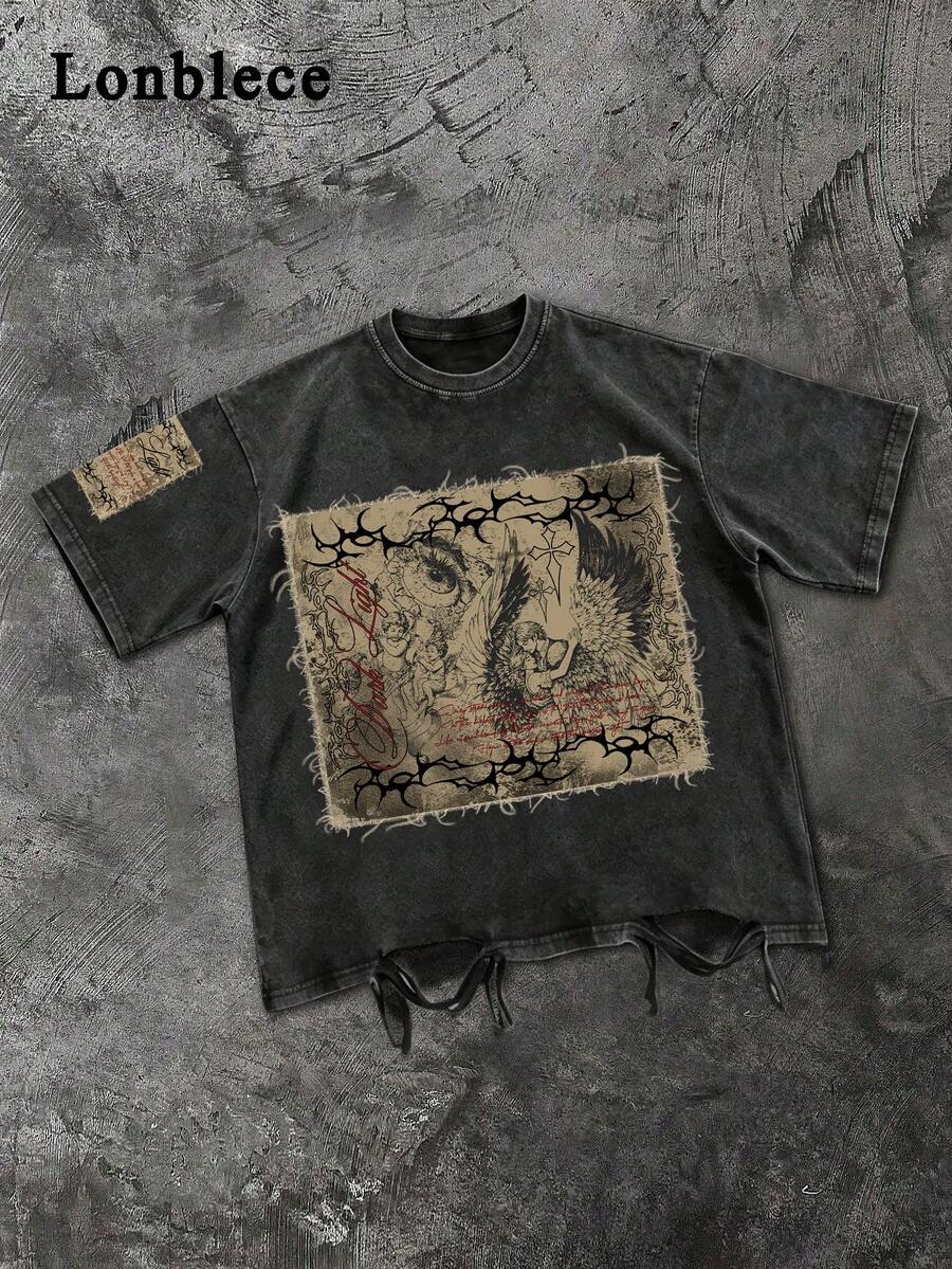 Lonblece 1pc Men's Vintage Washed Dark Light Print Loose T-Shirt, Distressed Streetwear Style Top, Suitable For Casual And Streetwear - Black - View 1