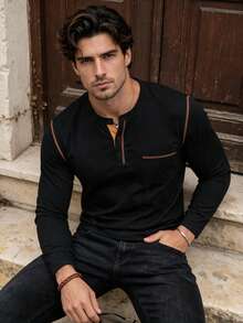 Men's Spring/Autumn New Casual Minimalist Henley Collar Long Sleeve Top, Suitable For Daily Commute And Vacation Wear - Black - View 2