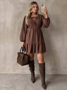 Women's Plus Size Brown Hollow Lace Lace-Up Vintage Bohemian Dress, Suitable For Autumn/Winter Elegant - Brown - View 1