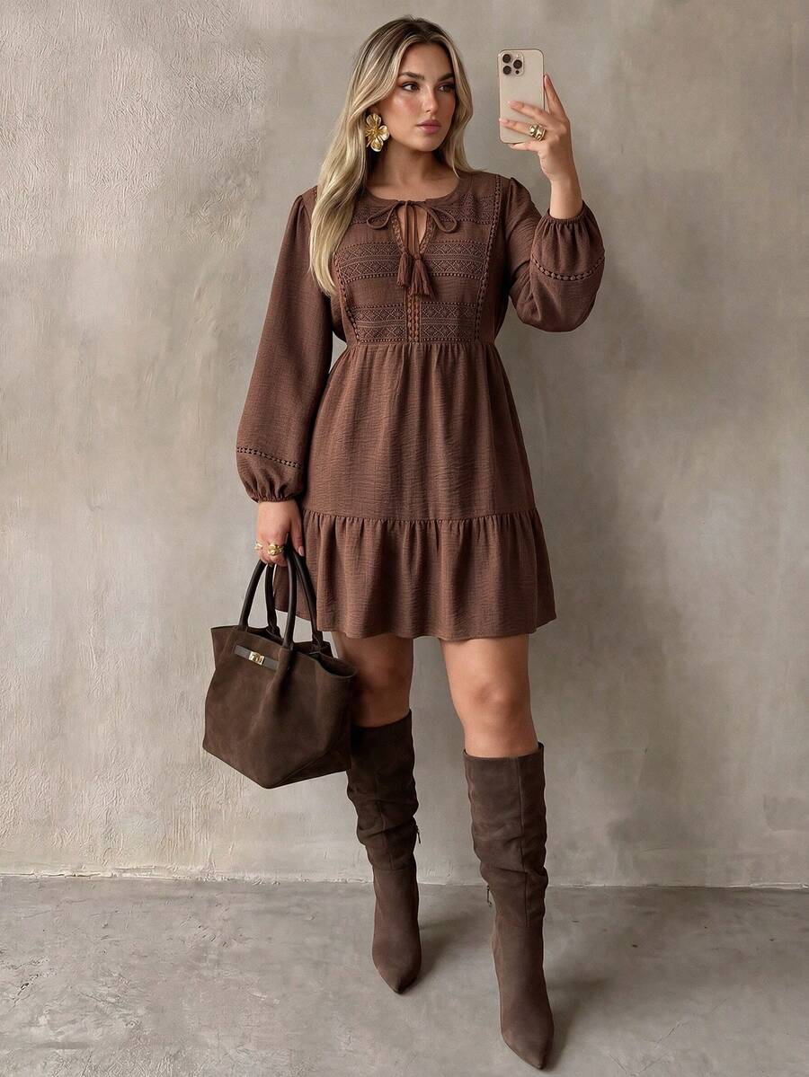 Women's Plus Size Brown Hollow Lace Lace-Up Vintage Bohemian Dress, Suitable For Autumn/Winter Elegant - Brown - View 1