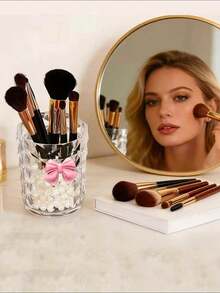 1pc Fashion Diamond Texture Bow Makeup Brush Holder - Lightweight, Suitable For Cosmetics And Bathroom Decor Countertop Storage - Multicolor - View 4
