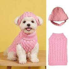 Dog Sweater And Hat Set, Retro Cable Knit Winter Pet Clothes For Small Dogs, Warm Dog Outfit, Sweater Only Option Available - Pink - View 1