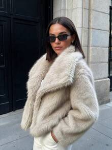 Women's Fashionable Solid Color Faux Fur Coat, Long Sleeve, Waterfall Collar, Fluffy Details, Regular Length, Suitable For Autumn/Winter - Apricot - View 1