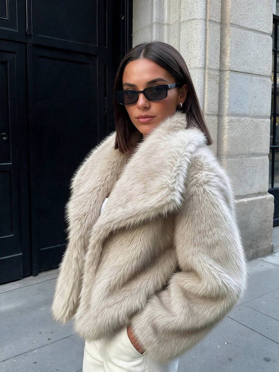 Women's Fashionable Solid Color Faux Fur Coat, Long Sleeve, Waterfall Collar, Fluffy Details, Regular Length, Suitable For Autumn/Winter - Apricot - View 1