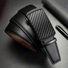 Men's Carbon Fiber Pattern Automatic Buckle Belt, Business Casual Ratchet No-Hole Adjustable Leather Belt, Luxury Alloy Buckle - Multicolor - View 1