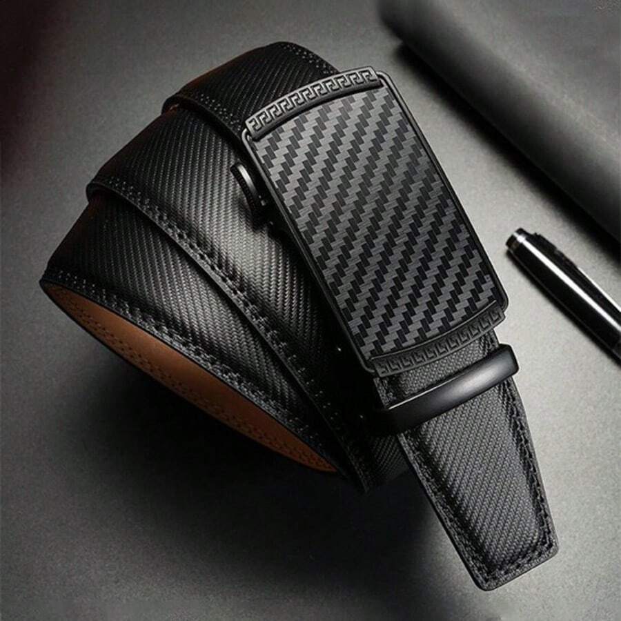 Men's Carbon Fiber Pattern Automatic Buckle Belt, Business Casual Ratchet No-Hole Adjustable Leather Belt, Luxury Alloy Buckle - Multicolor - View 1