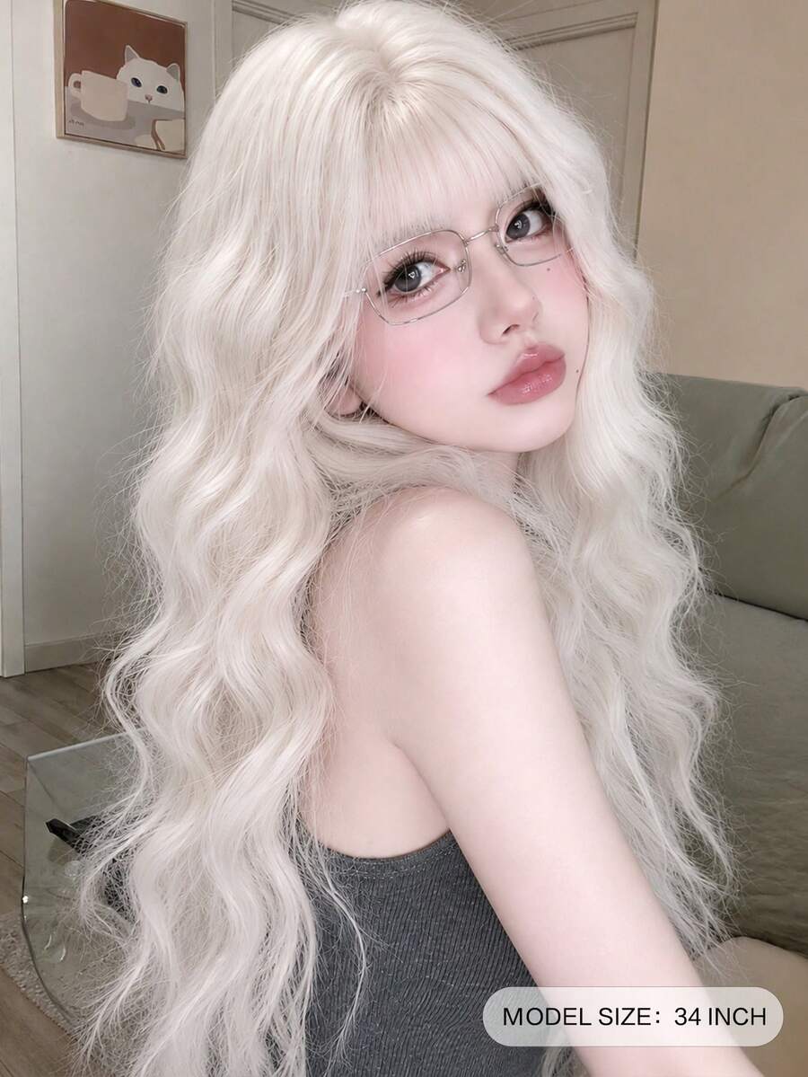 alicegarden 34-Inch Long Synthetic Wig Featuring A Natural Wavy Style In A A Stunning Champagne. Designed With Bangs , This False Hairpiece Is Perfect For Ms Daily Party Cosplay Use, Offering A Natural And Natural Durable Wig Gift For Ladies. - Champagne - View 1