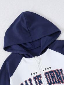 Autumn/Winter Girls' Fashion Casual Colorblock Letter Print Zip-Up Hooded Jacket, Suitable For Daily Casual Wear - Multicolor - View 3