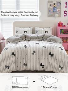 HONEYMOON 2/3pcs Printed Duvet Cover Set, Striped & Bow Pattern, Button Closure, 1 Duvet Cover + 1/2 Pillowcases, No Duvet Insert, Fits T F Q K All Sizes, Fashionable Home & School Dorm Bedding Essentials, Machine Washable - Multicolor - View 2