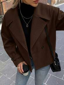 Women's Fashion Brown Double-Breasted Overcoat, Lapel Long Sleeve Wool-Like Fabric Overcoat, Perfect Choice For Autumn/Winter Fall - Coffee Brown - View 2