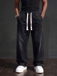 Men's Drawstring Elastic Waist Jeans, Vintage Distressed Washed Black Gray, Loose Straight Leg Fit, Suitable For Creating A Relaxed, Comfortable Daily Commute And Travel Look. - Black - View 1