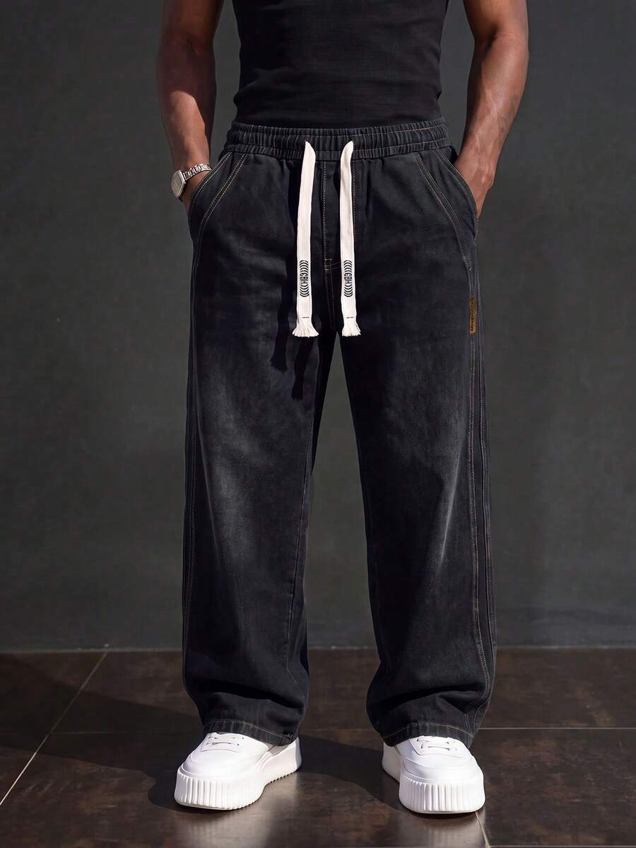 Men's Drawstring Elastic Waist Jeans, Vintage Distressed Washed Black Gray, Loose Straight Leg Fit, Suitable For Creating A Relaxed, Comfortable Daily Commute And Travel Look. - Black - View 1