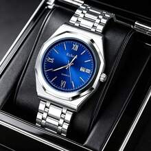 1pc Men's Watch, Fashionable Business Quartz Watch With Classic Multi-Shape Dial And Comfortable Stainless Steel Band. Ideal Gift For Friends And Family, Also Suitable For Casual Wear During Easter (Packaging Box Not Included) - Blue - View 1