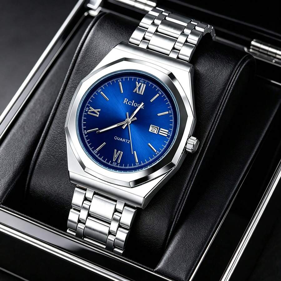 1pc Men's Watch, Fashionable Business Quartz Watch With Classic Multi-Shape Dial And Comfortable Stainless Steel Band. Ideal Gift For Friends And Family, Also Suitable For Casual Wear During Easter (Packaging Box Not Included) - Blue - View 1