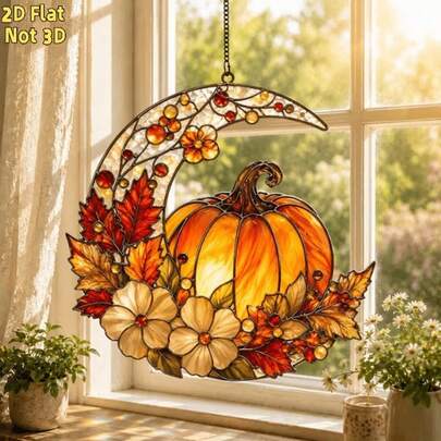 2D Flat Design 1pc Harvest Month Pumpkin Halloween Acrylic Sun Catcher, Autumn Maple Leaf Window Hanging Decor, Thanksgiving Rustic Wall Decoration Gift