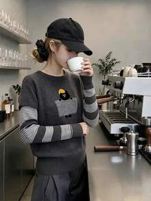 1 buah Sweater Rajut Wanita Motif Kartun Garis-Garis Patchwork 2 in 1, Atasan Rajut Pullover Lengan Panjang untuk Musim Gugur/Dingin - Dark Grey - View 4