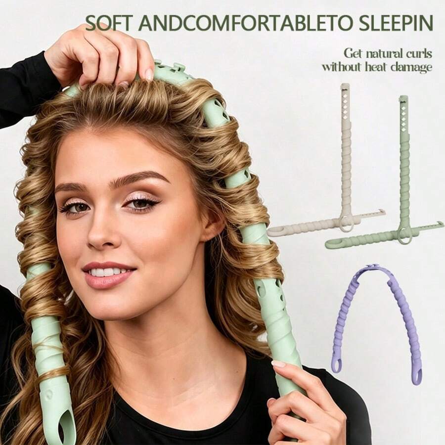 4-Piece Set Of Silicone Non Heat Convenient Hair Curler For Lazy People's Sleep Shaping Hair Clip, Divine Tool For Big Wave Non Heat Curling Iron Styling Hair Braiding - Mint Green - View 1