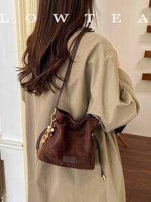 low tea 1pc Small Bucket Suede Crossbody Bag With Adjustable Strap, Suitable For Commuting, Shopping, Etc. (With Pendant) - Coffee - View 7