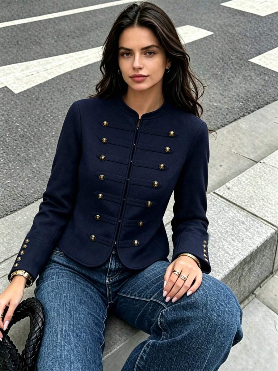 Seelio Autumn New Women's European & American Style Fashion Minimalist Versatile Button-Up Knit Cardigan - Navy - View 1