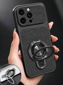 MewTrek Casing Ponsel Kulit PU Tekstur Leci Mewah, Stand Cincin Magnetik, Lubang Kamera Besar, Pelindung Anti Guncangan dan Anti Jatuh yang Melindungi Seluruh Bagian, Kompatibel dengan iPhone, Galaxy, Honor, Reno, MOTO - Hitam - View 2