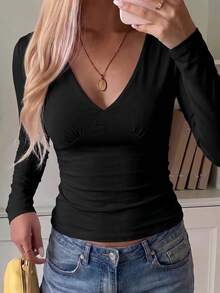 SCARLUX Fall Y2K Women Basic Black Off‑The‑Shoulder Top, Cross V‑Neck Slim‑Fit Long Sleeve Tee For Back To School Going Out Casual Wear - Black - View 3