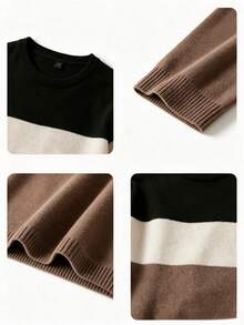 Boys Colorblock Striped Crew Neck Knit Sweater, Casual Long Sleeve Pullover, Autumn/Winter Children Warm Top - Apricot - View 5