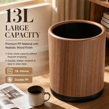 1pc Modern Retro Faux Wood Grain Round Double Layer Hidden Trash Can, Black Non-Slip Base, Bagless Design, Large Capacity, Suitable For Living Room, Bedroom, Nightstand, Bathroom, Office, Hotel And Home Decor, Japanese Minimalist Fashion Room Aesthetic Decoration, Thickened Anti-Drop Waste Paper And Miscellaneous Storage Bin, Bathroom Toilet Paper Basket - View 4