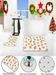 1/4 Piece Bathroom Curtain Set, Includes Non-Slip Rug, Toilet Lid Cover And Bath Mat, Christmas Gingerbread Man Candy Cane Snowflake Pattern Waterproof Shower Curtain, With 12 Hooks, Suitable For Bathroom, Size 70.8*70.8 Inches - A - View 12