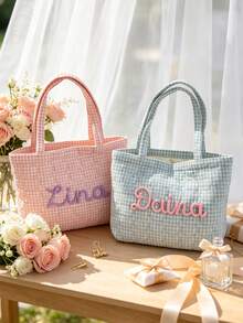 1pc Personalized Name Quilted Plaid Tote Bag, Customized Checkered Shoulder Bag, Bridesmaid Gift, Embroidered Name, Lightweight Shopping Handbag - Multicolor - View 4
