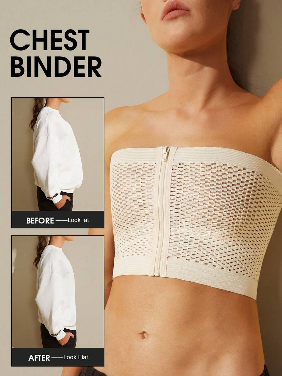 1件女款胸部壓縮背心 可調節無縫拉鍊束胸上衣 胸部束縛內衣 Les Breast Binder - 杏色 - 查看 1